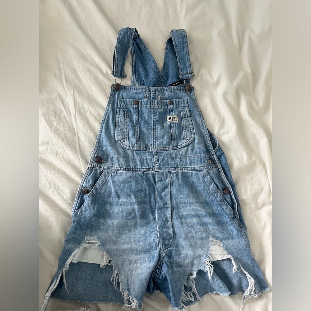 R13 Blue Distressed Denim Overalls